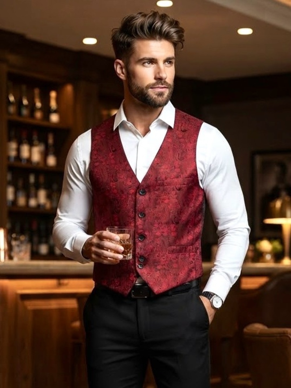 Le Château Reversible Black Rich Burgundy Wine Festival Red Paisley Vest Party M